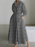 Momentlover Tied Waist Printed Pleated Loose Long Sleeves Lapel Shirt Dress
