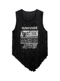 Momentlover Pleated Letter Print Asymmetric Sleeveless Loose Round-Neck Vest Top