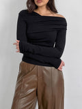 Momentlover Solid Color Asymmetric Skinny Long Sleeves Asymmetric Collar T-Shirts Tops