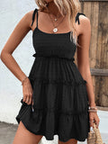 Momentlover A-Line High Waisted Backless Jacquard Solid Color Split-Joint Tied U-Neck Mini Dresses Slip Dress