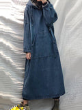 Momentlover Vintage Loose Denim Drawstring Hooded Midi Dress