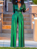 Momentlover High Waisted Three-Quarter Sleeves Shiny Solid Color Deep V-Neck Jumpsuits Bottoms