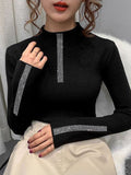 Momentlover Long Sleeves Skinny Rhine Stones High Neck Pullovers Sweater Sweater Tops