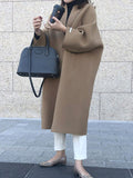 Momentlover Solid Color Loose Long Sleeves Collarless Woolen Coat