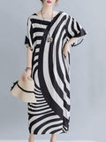 Momentlover Original Striped Irregularity Round-Neck Midi Dress