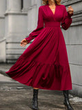Momentlover Solid Color Pleated Elasticity Loose Long Sleeves V-Neck Midi Dresses