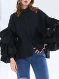 Momentlover Solid Color Ruffled Layered Buttoned Loose Long Sleeves Mock Neck Blouses&Shirts Tops