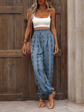 High Waisted Loose Drawstring Elasticity Pleated Printed Knickerbockers Pants Trousers