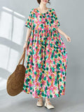 Momentlover Split-Joint Printed Polka-Dot Pleated Loose Half Sleeves Round-Neck Midi Dresses