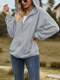 Long Sleeves Loose Drawstring Hooded Pockets Solid Color Zipper V-Neck Outerwear