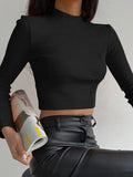 Momentlover Solid Color Skinny Long Sleeves Mock Neck T-Shirts Tops