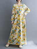 Momentlover Split-Joint Flower Print Loose Long Sleeves Round-Neck Midi Dresses
