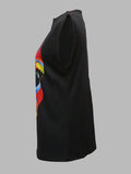 momentlover Original Casual High-Neck Cap Sleeves Face Printed T-Shirt Top