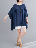 Momentlover Solid Color See-Through Pleated Loose Half Sleeves Round-neck Blouses&shirts Tops