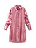 Momentlover Split-Joint Plaid Contrast Color Buttoned Three-Quarter Sleeves Loose Lapel Shirt Dress Midi Dresses