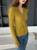 Momentlover Solid Color Knot Loose Long Sleeves V-Neck Sweater Tops Pullovers