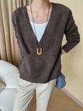 Momentlover Buttoned Asymmetric Loose Long Sleeves V-neck Sweater Tops