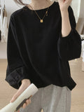 Momentlover Solid Color Pleated Puff Sleeves Loose Round-Neck T-Shirts Tops