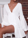 Momentlover Split-Joint Solid Color Pleated Elasticity Backless Puff Sleeves Loose Deep V-Neck Mini Dresses