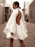 Momentlover Solid Color High-Neck Backless Flared Sleeves Mini Dress