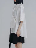 Momentlover Tied Solid Color Buttoned Asymmetric Short Sleeves Raglan Sleeve Stand Collar Blouses&Shirts Tops