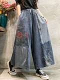 Momentlover Casual Wide Leg Loose Color-Block Bandage Embroidered Jean Pants Bottoms