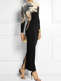 Momentlover Bodycon Long Sleeves Floral Printed Boat Neck Maxi Dresses