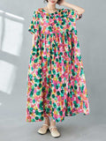 Momentlover Split-Joint Printed Polka-Dot Pleated Loose Half Sleeves Round-Neck Midi Dresses