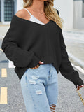 Batwing Sleeves Loose Fringed Solid Color Split-Joint V-Neck Sweater