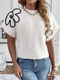 Momentlover Knitted Flower Short Sleeves Loose Round-Neck Sweater Tops Pullovers