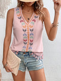 Momentlover Tasseled Embroidered Sleeveless Loose V-Neck Vest Top