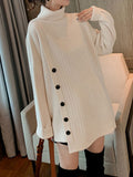 Momentlover Buttoned Asymmetric Thick Loose High-neck Sweater Tops Pullovers Knitwear
