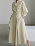 Momentlover Long Sleeves Loose Pleated Solid Color Split-Joint Tied Waist Lapel Midi Dresses Shirt Dress