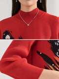 Momentlover Casual Long Sleeves Loose Contrast Color Printed Pleated Beaded Stand Collar Mini Dresses