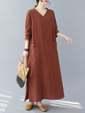 Momentlover Split-Side Solid Color Pockets Loose Long Sleeves V-Neck Maxi Dresses