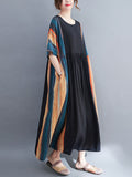 Momentlover Loose Contrast Color Striped Pleated Midi Dress