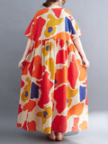 Momentlover Artistic Retro Short Sleeves Loose Contrast Color Printed Round-Neck Midi Dresses