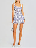 Momentlover Printed Hollow Elasticity Buttoned Sleeveless Loose Spaghetti-Neck Mini Dresses