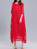 Momentlover Solid Color See-Through Flower Print Loose Half Sleeves Round-Neck Midi Dresses