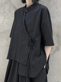 Momentlover Tied Solid Color Buttoned Asymmetric Short Sleeves Raglan Sleeve Stand Collar Blouses&Shirts Tops