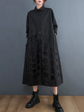 Momentlover Solid Color Polka-Dot Hollow Asymmetric Loose Long Sleeves Lapel Midi Dresses