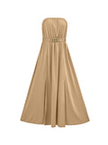 Momentlover Split-Front Pleated Elasticity Chains Sleeveless A-Line Tube Midi Dresses