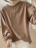Momentlover Solid Color Pleated Puff Sleeves Loose Round-Neck T-Shirts Tops