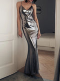 Momentlover Split-Joint Solid Color Shiny Sleeveless V-neck Maxi Dresses