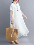 Momentlover Solid Color Short Sleeves Loose V-Neck Midi Dresses