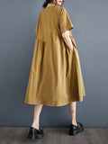 Momentlover Split-Joint Solid Color Pockets Pleated Asymmetric Loose A-line Round-neck Midi Dresses