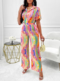 Momentlover Striped Lapel Loose Short Sleeves Buttoned Shirts Top + Elasticity Pants Bottom Two Pieces Set