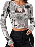 Momentlover Letter Print Skinny Long Sleeves Round-Neck T-Shirts Tops