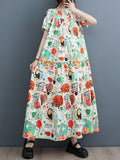 Momentlover Split-Joint Printed Buttoned Short Sleeves Loose Stand Collar Midi Dresses