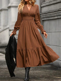 Momentlover Solid Color Pleated Elasticity Loose Long Sleeves V-Neck Midi Dresses